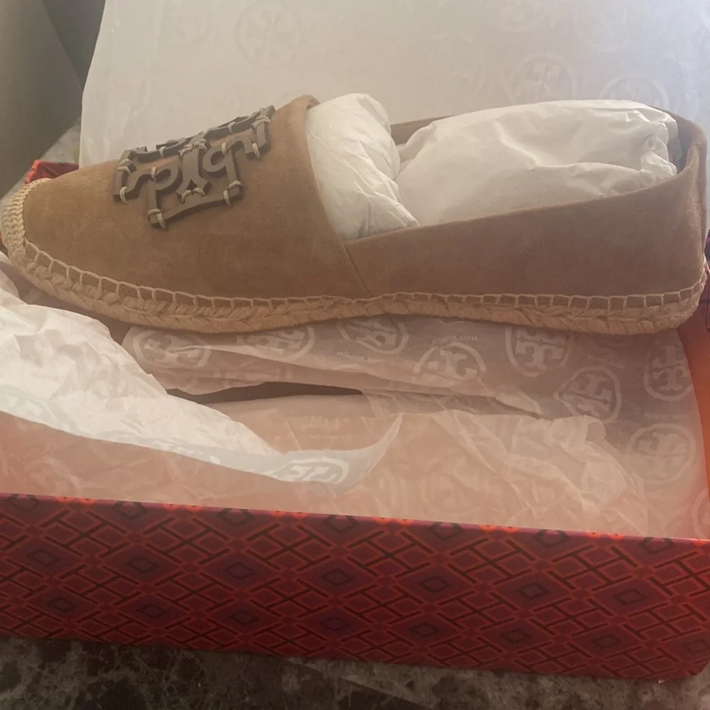 These are Tory Burch Suede Ines Espadriles, size 10 in the color Almond Flour.